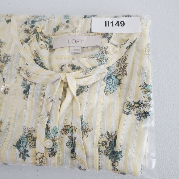 LOFT Womens Floral Blouse Size M Yellow Green Pintucked Tie Neck Cottage Core - Picture 9 of 9